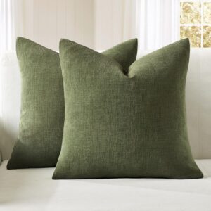MIULEE Olive Green Couch Pillow Covers 18×18 Inch, Set of 2 Soft Chenille Decorative Square Throw Pillow Covers Farmhouse for Sofa Living Room Bed