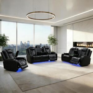 Power Recliner Sofa Set – 3-Piece Living Room Furniture Sets with Solid Wood Frame, Electric Leather Reclining Sectional Couch with Deep Seating, USB Ports, Cup Holders & LED Lighting (Black)