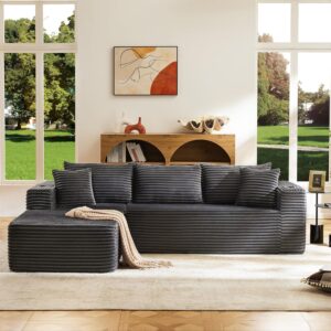 Modular Compressed Sectional Sofa Set – Velvet Corduroy Upholstery, Convertible Couch with Cup Holders and Pillows for Living Room, Grey