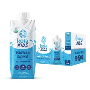 Koia Kids Plant Based Protein Shake, Vanilla, Ready to Drink, 9g Protein, 4g Low Sugar, 4g Fiber, 21 Vitamins & Minerals, Dairy-Free, Allergen-Free, Organic, Non-GMO, 8 Fl Oz (Pack of 12)