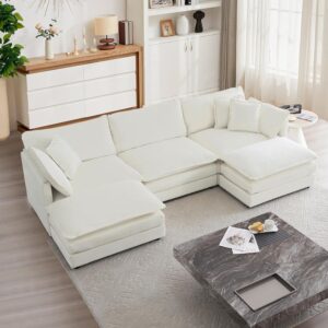 mikibama Modular Sectional Sofa, 111.5 Inch U Shaped Couch Set for Living Room, 3-Seater Comfy Cloud Couches with Movable Ottoman, DIY Combination, Chenille, Beige