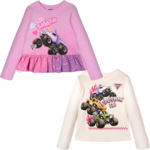 Monster Jam Girls 2 Pack Peplum Long Sleeve T-Shirts Toddler to Big Kid Grave Digger El Toro Loco Sparkle Smash