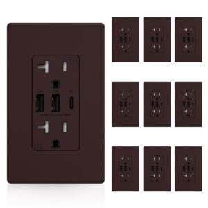 ELEGRP USB Outlets Receptacles, 3-Port Wall Outlet, 30W 6.0A Electrical Outlet, 20 Amp Tamper-Resistant Outlet with Type C Ports, UL Listed, Wall Plate Included, 10 Pack, Matte Brown