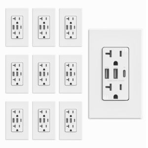 ELEGRP USB Outlets Receptacles, 3-Port Wall Outlet, 30W 6.0A Tamper-Resistant Electrical Outlet, 20 Amp Outlet with Type C Ports, UL Listed, Screwless Wall Plate Included, 10 Pack, Matte White