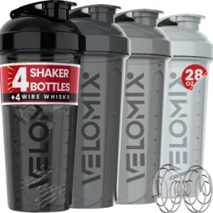 VELOMIX -4 Pack- 28 oz Protein Shaker Bottles for Protein Mixes – 4x Wire Whisk | Leak Proof Shaker Cups for Protein Shakes | Protein Shaker Bottle Pack (Silver Mix)