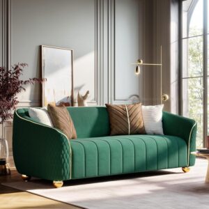 “85” 3-Seater Velvet Sofa – Modern Plush Spring Cushion, Solid Wood Frame, Spacious Deep Seat for Small Spaces, Family Living Room & Office (Green, 3S)