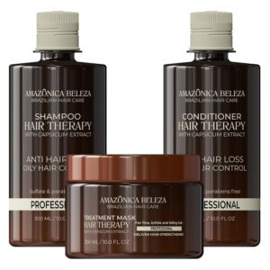 AMAZONICA BELEZA Hair Therapy Kit – Shampoo, Conditioner, Hair Mask (300ml/10.1 Oz) | Professional Line | Removes Oiliness, Prevents Hair Loss, Promotes Growth