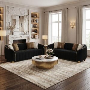 2-Piece Velvet Sofa Set – Two 85″ 3-Seaters, Modern Plush Spring Cushions, Solid Wood Frames, Spacious Deep Seats Couch for Small Apartment, Family Living Room & Home Office (Black, 3S+3S)