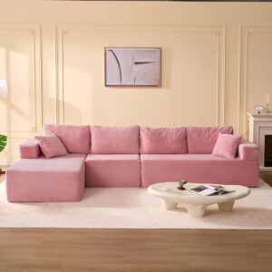 138″ Boneless Couch with Deep Seat, Set of Modular Sectional Sofa, Cloud Sectional Couch for Living Room, No Assembly Required, Corduroy, 4 Seater L-Shape Left, Pink