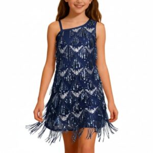 WELAKEN Girls One Shoulder Sequin Fringe Flapper Dress with Side Zipper,Navy,6-7Y