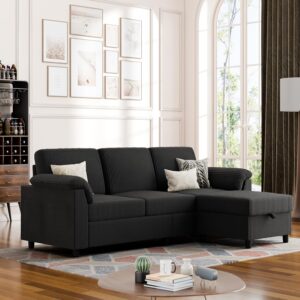 Vongrasig Convertible Sectional Couches, 3 Seat L Shaped Couch Sofa with Removable Pillows Soft Corduroy Fabric Small Couch Mid Century for Living Room, Apartment and Office Black