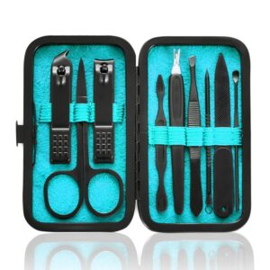 Manicure Set 9 in 1 Stainless Steel, Nail Clippers Scissors Pedicure Tools Kit – Portable Travel Grooming Kit for Men and Women with Black/Blue Leather Case (Blue)