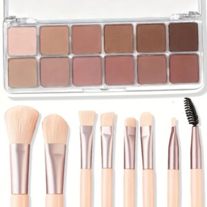 12 Color Eye Shadow Palette Matte Shimmer Eyeshadow Palette with 8 Soft Brushes Blendable Eye Shadow for Women Makeup Palette