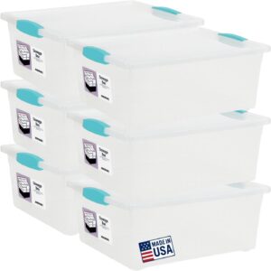 Tribello 6-Pack 12 Qt Stackable Plastic Storage Bins with Lids Clip Box, Organizing Solution for Crafts, Supplies and Office Items (Teal)