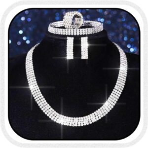 Aukmla Rhinestones Bridal Wedding Jewelry Set Silver Choker Necklaces Earrings Bracelet Ring Sets Prom Jewelry for Women