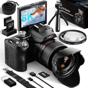 NBD 8K Digital Cameras for Photography,64MP Vlogging Cameras,16X Optical Zoom Travel Point and Shoot Digital Cameras Fotograficas with 180°Flip Screen,58mm Lens,2 Batteries,64GB Card(Black)
