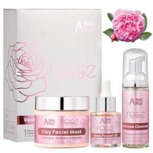 ANAI RUI Purify, Hydrating Rose Skincare Gift Set, Holiday Gift for Women, Facial Skincare Kit for Women, Rose & Squalane Face wash and Moisturizer Set with Clay Mask, Face Cleanser and Facial Oil