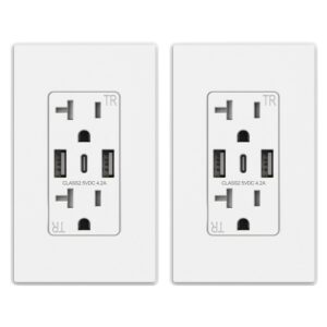 ELEGRP USB Wall Outlets, 3-Ports USB C Wall Outlets Receptacles, Matte White 20 Amp Outlets with USB Ports, TR Tamper-Resistant USB Outlets, Screwless Wall Plate Included, UL & CUL Listed, 2 Pack
