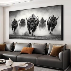 Running Bisons Canvas Art, Black and White Animal Painting, Wildlife Wall Decor for Living Room and Bedroom (Black Framed, 59″x33″|150x84cm)