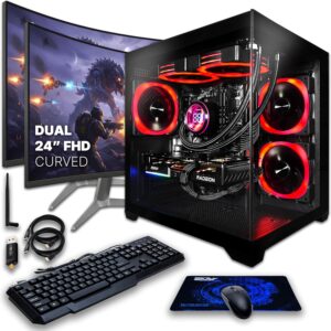 SAAV Elite Prebuilt Gaming PC Bundle Desktop Tower AMD Ryzen 5 9600X Radeon RX 9070XT 16GB GDDR6 Dual Curved 24in Monitors 16GB DDR5 512GB NVMe SSD WiFi 6 Windows 11 Black RGB Computer PC Gaming