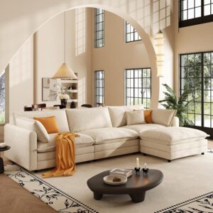 Shaped Modern Sofa Modular Sectional Cloud Couch, 114 Inch L Shaped Couch Set for Living RoomBedroom and Apartment, 4-Seater Comfy Cloud Couches with Movable Ottoman, Chenille, (Beige, 114 Inch-L)