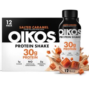Oikos Protein Shake, Salted Caramel, 30g High Protein Drinks, Shelf Stable, Ready to Drink, 5g Prebiotic Fiber, 12 fl oz Bottle, 12 Count
