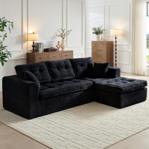 Sectional Couches for Living Room, Modern Boneless Couch with Deep Seat, Sectional Sofa with L-Shape Chaise, Plush Corduroy, No Assembly Required(Black)
