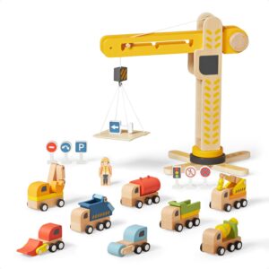 Wooden playset Crane Command Fleet, 18-Piece Set for Toddlers 3-5, 8 vehicales, Road Sighs, Non-Toxic Wood, Parent-Designed