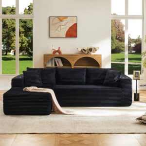 Modular Compressed Sectional Sofa Set – Velvet Corduroy Upholstery, Convertible Couch with Cup Holders and Pillows for Living Room, Black