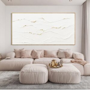 Large Wavy Line White Abstract Wall Art with Frame Minimalist Modern Hand drawn Painting Textured Poster for Living Room Dining Room Bedroom Decor 29″x58″
