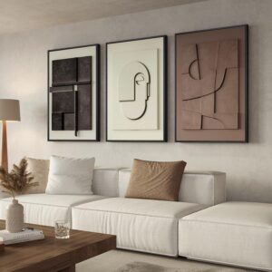 Large 3D Textured Framed Abstract Wall Art for Living Room, 3 Piece Modern Paintings Artwork for Walls, Black White Brown Geometric Sandstone Texture Pictures for Hallway Office Home Decor 24×36 In