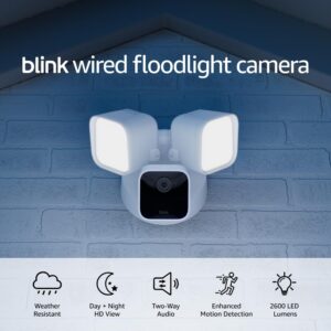 Blink Wired Floodlight Camera, Smart security camera, 2600 lumens, HD live view, enhanced motion detection, built-in siren, Works with Alexa, 1 camera (White)