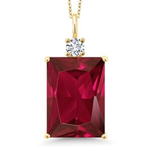 18K Yellow Gold Plated Silver Gemstone Birthstone and White Lab Grown Diamond Pendant Necklace for Women | Emerald Cut 18X13MM and Round 4MM | With 18 Inch Chain | Fine Jewelry for Her Mom Wife