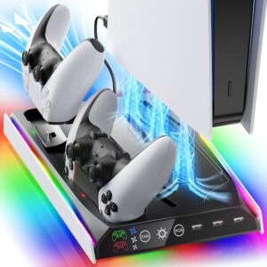 PS5/PS5 Slim/Pro Stand with Adjustable Cooling Fan, PS5 Cooling Stand for PS5/PS5 Slim/Pro, PS5 Cooling Station with Dual Controller Chargers and RGB Light for 3DS Skins