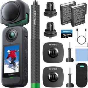 AKASO 360 Action Camera – 5.7K 360 Video with 1/2″ 48MP Sensors, 72MP 360 Photo, 360-SuperSmooth, Invisible Selfie Stick, 360° Horizon Lock, AI Tracking Snow Adventure Combo with 128GB MicroSD Card