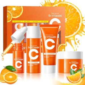 4-in-1 Vitamin C Skincare Kit for Women, Moisturizing & Hydrating Skincare Travel Kit, Face Care Gift Set with Facial Cleanser, Toner, Serum and Face Cream