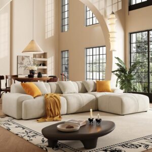 113″ Modern L-Shaped Modular Sectional Sofa for Living Room, Corduroy Upholstery Beige, 3-Seater Cloud Couchand Movable Ottoman – No Assembly Beige