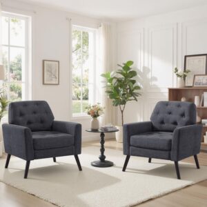 Accent Chair Set of 2, Mid Century Modern Living Room Chairs Reading Chair, Upholstered Armchair with Tufted Back & Wood Legs, Single Sofa Side Chair for Bedroom Office Small Room, Dark Grey