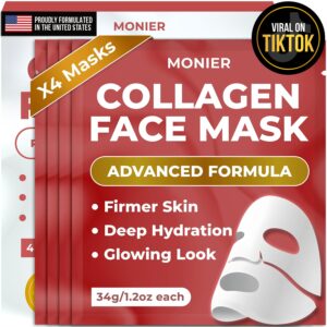 MONIER Collagen Face Mask | Bio-Collagen Real Deep Mask, Overnight Sheet Mask for Glass Skin, Facial Beauty Korean Skin Care – For Dry & Sensitive Skin (4 Pack)