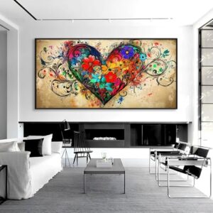 Flower Heart Canvas Wall Art, Vintage Floral Canvas Print, Love Heart Shaped Decor, Graffiti Poster, Abstract Framed Artwork for Walls, Home Living Room Wall Decor (Black Frame, 62″x31″ | 160x80cm)