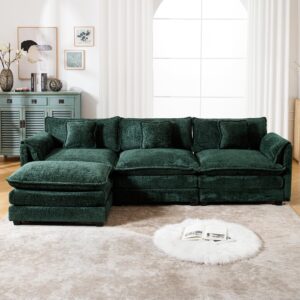 GNIXUU 112″ Green Modular Cloud Couch Sofa, Modern Chenille L Shaped Sectional Couches for Living Room, Comfy Deep 4 Seater Sofa with Movable Ottoman & 3 Pillows