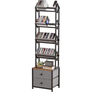 Epouseter CD Storage Rack with Drawers, 5-Tier Media Organizer DVD Storage Shelf, Large Capacity for CD/DVD, Books & Games, Ideal for Living Room & Home Office, 15.7×11.8×58.7Inches