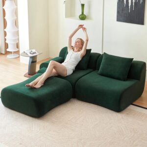 Boneless Couch for Living Room-114 Green Cloud Couch with Movable Ottoman,L-Shaped Comfy Sofa for Bedroom,No Assembly Required,Low -Profile Sofa