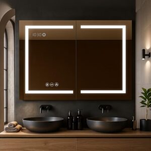 Blossom LED Mirror Medicine Cabinet with Lights, 48×32 Inch – Lighted Bathroom Mirror Medicine Cabinet with Defogger – Recessed or Surface 3X Makeup Mirror, 3 Color Dimmer, Outlets & USB – A2(M)-48