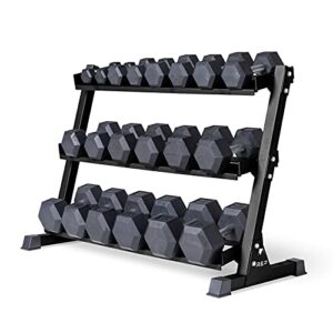 REP Fitness Rubber Hex Dumbbells, Include Black Rack, 5–50 lb Weight Pairs, Heavy-Duty Sets, Textured Handles, Bundled Package for Men & Women, Home Gym Strength Training, Lifting and Muscle Growth