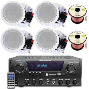 Home Theater Sound System Kit – 1000 Watts Bluetooth Amplifier w/ 4 QTY of 8″ Framed Ceiling Speakers 300 W Each, 100 ft Speaker Wire & Remote Perfect for Home, Office,Bar, Restaurant by Technical Pro