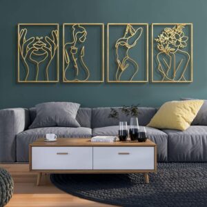 Glamativity 4 Pack Gold Wall Art Decor, Minimalist Single Line Real Metal Wall Art, Woman’s Body Shape Abstract Wall Art (Gold Classic Style, 17 x 11.8”)
