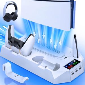 PS5/Slim/Pro Cooling Station for PlayStation 5 Console Disc/Digital Edition – PS5 Slim Pro Cooling Stand with Controller Charging Station Accessories-Cooler Fan/Headset Holder/3 USB Hub, White